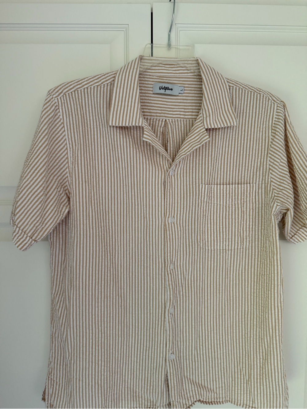Vintage Vibes Beige Stripe Short-Sleeve Button-Down Shirt